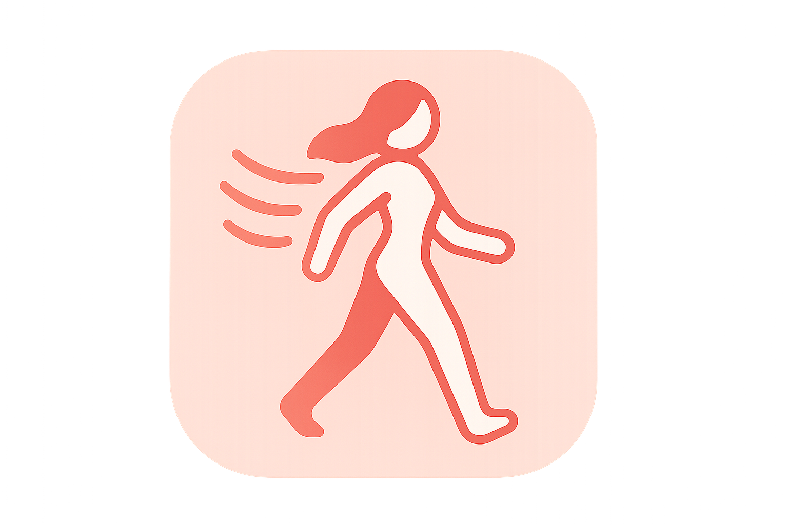 Create a minimal, flat-style icon with a soft, modern look for a feminine wellness brand. Show a stylized walking person symbol to represent rapid warmth. Use pink and warm red tones with white accents, keeping the design clean and recognizable at small sizes.